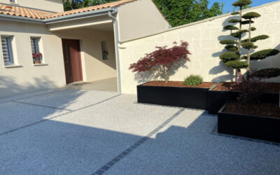 Aménagement entrée de maison : béton désactivé et Asian Blue